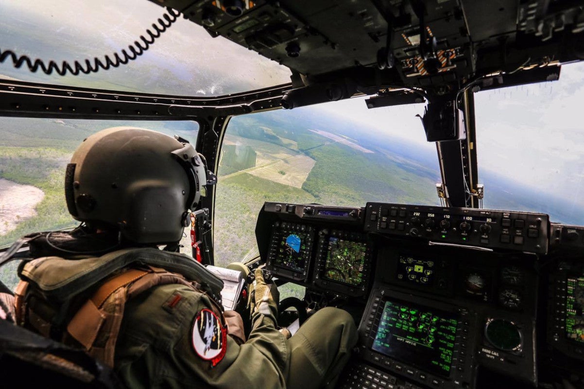 U.S. Air Force pilots Capt. Brian Stoops and 2nd Lt. Tyler Frazier soar into the sunset in an MV-22 Osprey during an extended training flight with Marine Medium Tiltrotor Training Squadron 204 over the mountains of western North Carolina, April 30, 2016. Students are trained daily within the squadron and are taught as young pilots and aircrew how to operate and maintain the approximately $70 million aircraft in order to provide the fleet Marine forces with a long-range, medium-lift aircraft with combat capabilities. Stoops is an instructor pilot and Frazier is a student pilot with the squadron, which is one of the largest squadrons in the Marine Corps, containing a staff of Marine Corps and U.S. Air Force pilots and support personnel. (U.S. Marine Corps photo by Cpl. Todd DeSantis/Released)