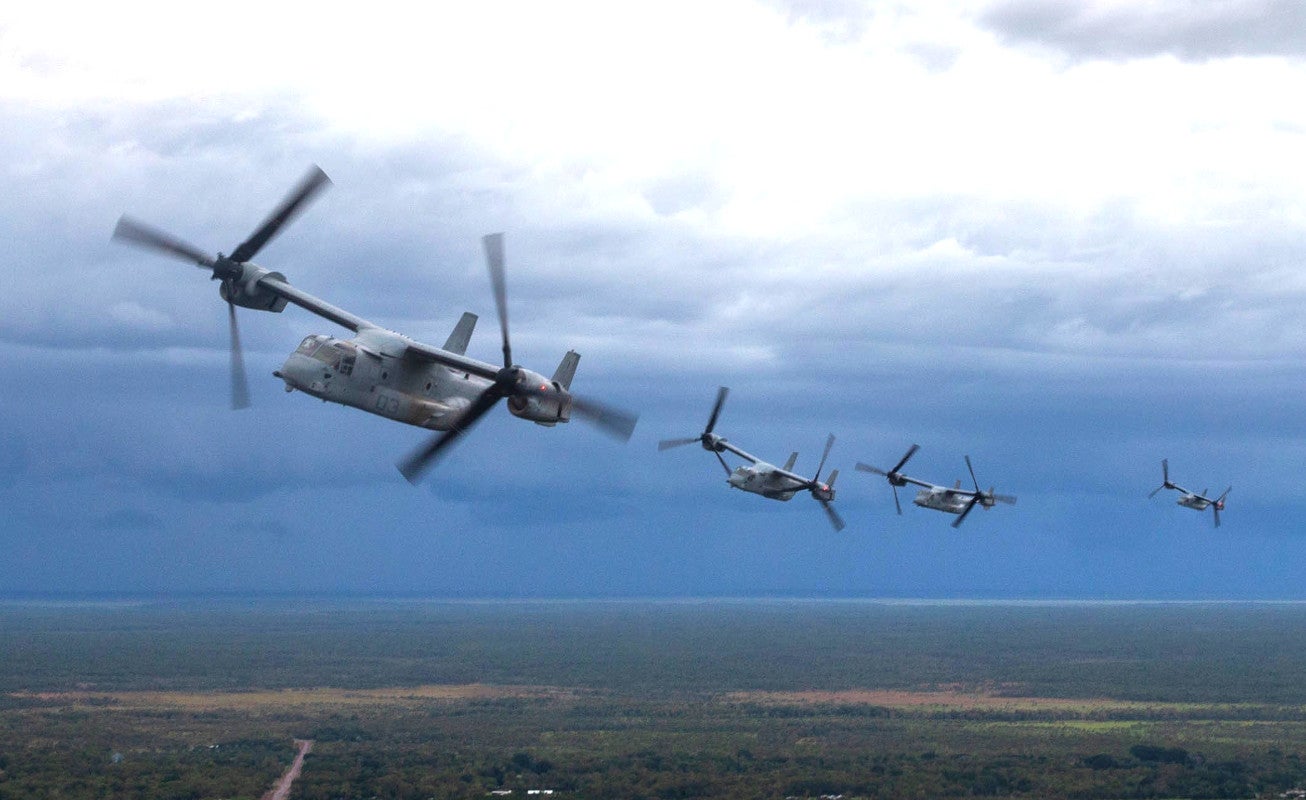 A quartet of Marine MV-22Bs seen flying over Australia in 2022. USMC