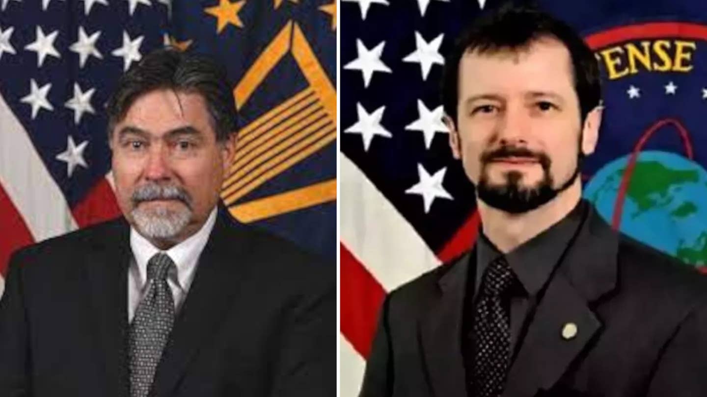 Acting AARO Director, Tim Phillips, who was also previously the office's Deputy Director, at left, and former AARO Director Sean Kirkpatrick, at right. <em>DOD</em>