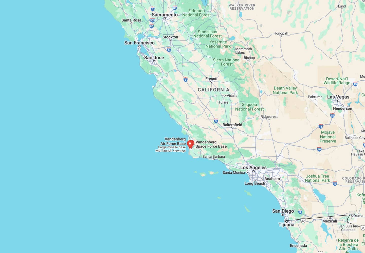 Vandenberg Space Force Base seen in relation to other portions of California. <em>Google Maps</em>