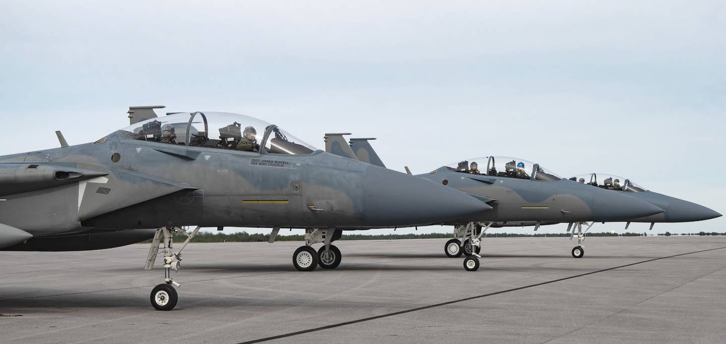 Three of the four F-15EXs the Air Force had received as of December 2023. <em>USAF</em>