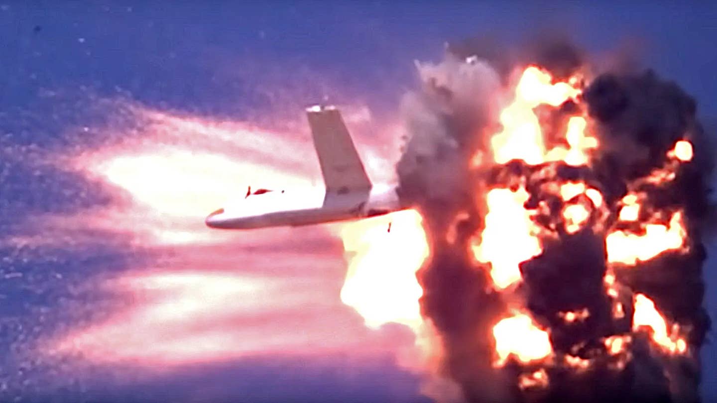 A drone is destroyed during a test. <em>Raytheon</em>