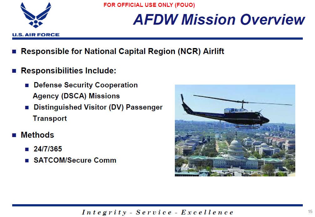 Another slide from the 2015 briefing discussing the responsibilities of UH-1Ns assigned to the 1st Helicopter Squadron, which is an element of the Air Force District of Washington (AFDW). <em>USAF via FOIA</em>