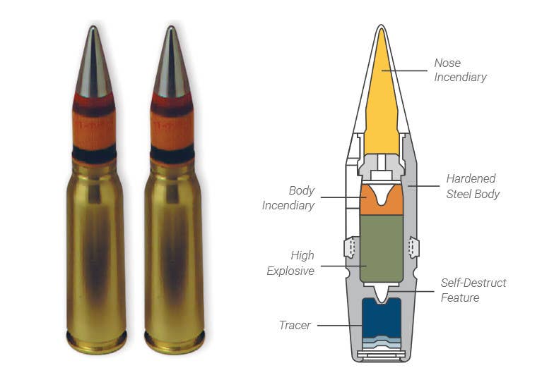 A picture of a pair of M940 cartridges alongside a graphic breaking down the components of the round's projectile. <em>GD-OTS</em>