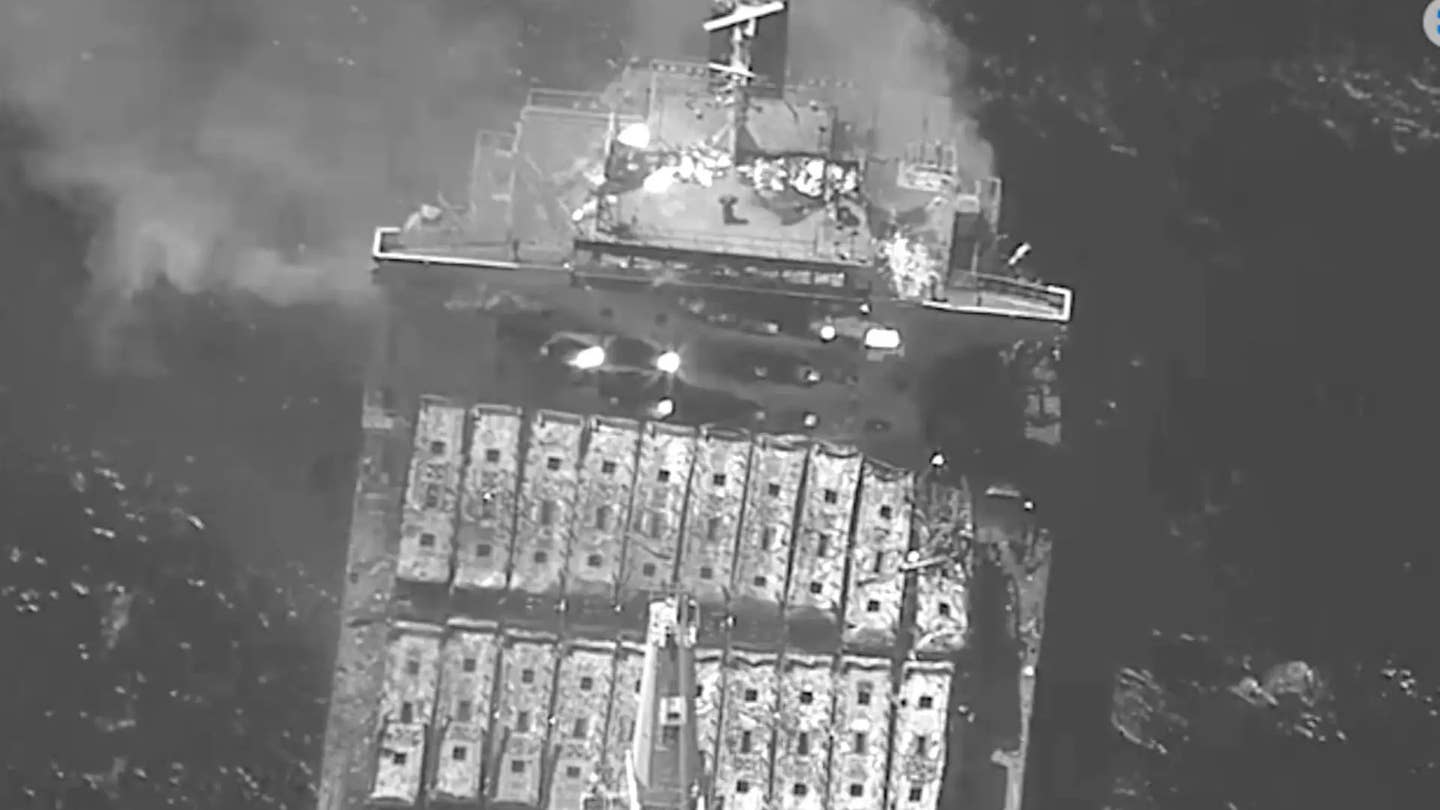 A view of the Barbados-flagged cargo ship <em>True Confidence</em> burning after a Houthi missile attack on March 6, 2024. At least three members of the ship's crew died in the attack and others were seriously injured. <em>CENTCOM</em>