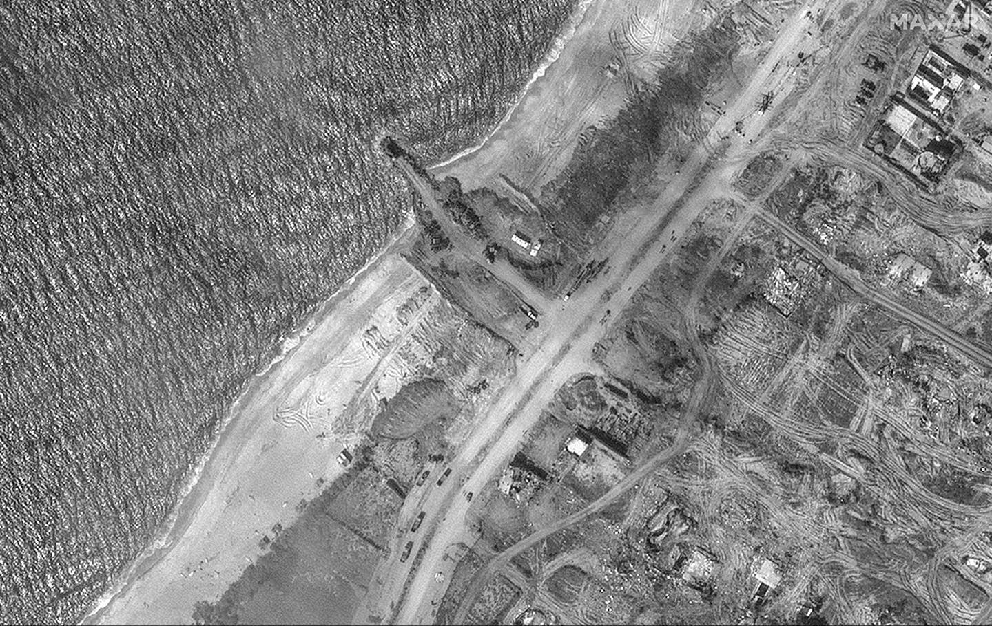 A satellite image taken on March 13 showing the jetty really taking shape.<em> Satellite image ©2024 Maxar Technologies</em>