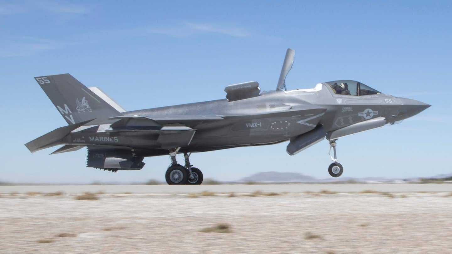 An F-35B Lightning II with Marine Operational Test and Evaluation Squadron 1 (VMX-1) conducts a rolling vertical landing during an Expeditionary Advanced Base Operations (EABO) risk reduction effort on Marine Corps Air Station Yuma, Arizona, March 24, 2022. The purpose of the EABO risk reduction effort was to inform flight clearance operations for short landings and take offs on prepared and semi-prepared surfaces in support of Operation OBSIDIAN ICEBERG. (U.S. Marine Corps photo by Lance Cpl. Jade Venegas)