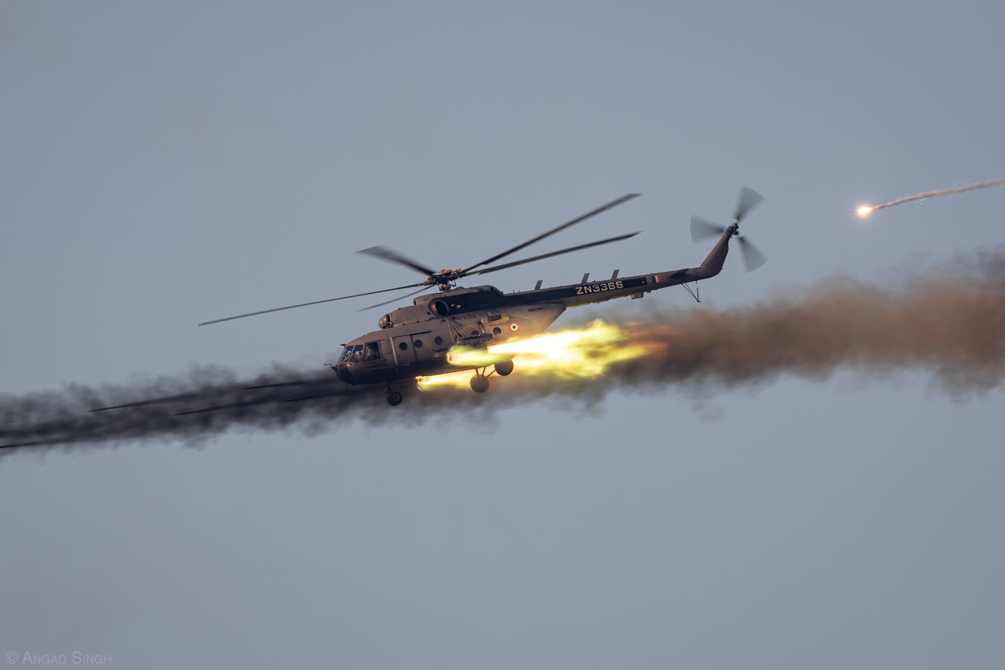 Mi-17-1V unleashing flares and 80mm S-8 rockets. <em>Angad Singh</em>
