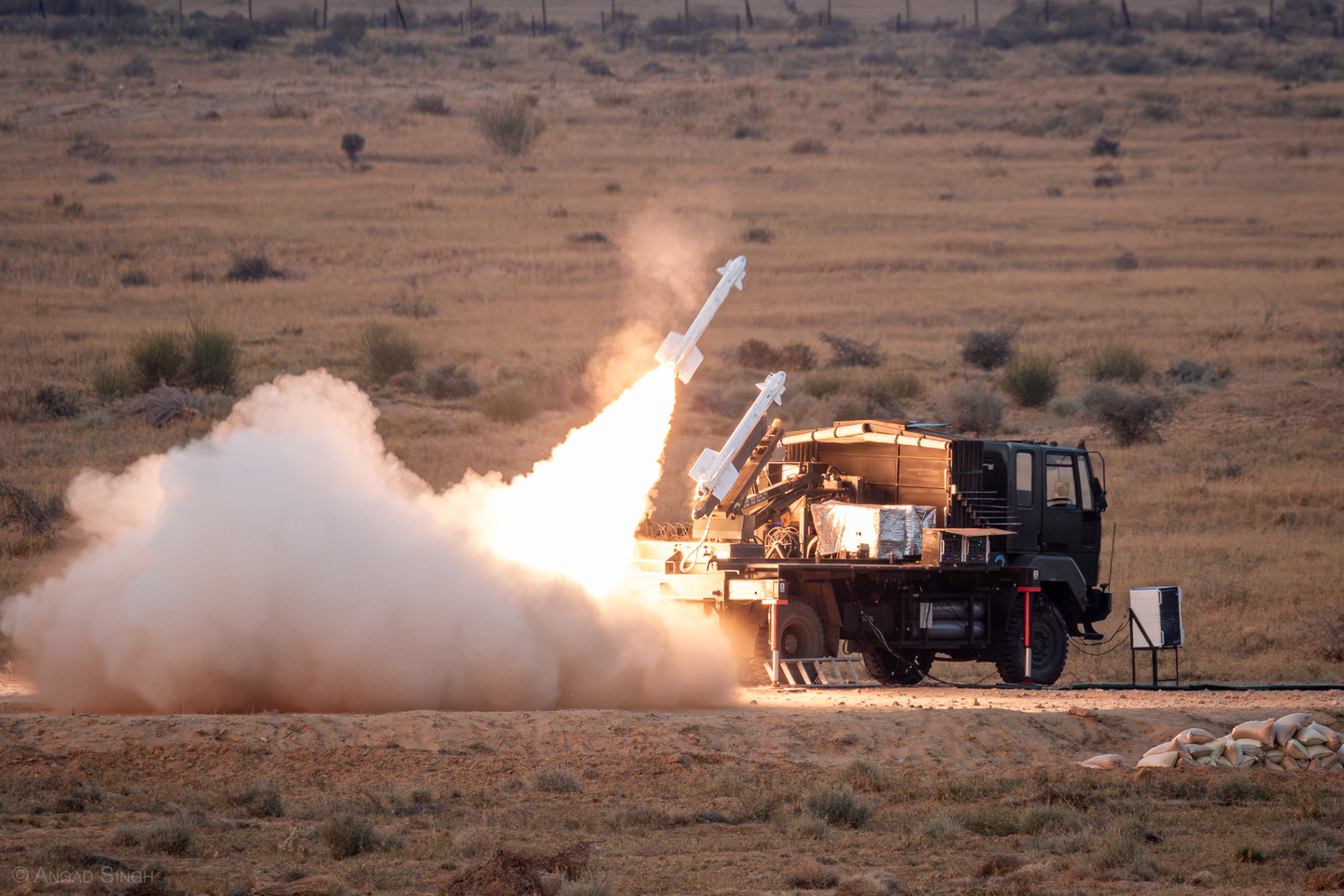 An R-73 shoots off the rail of a SAMAR mobile launcher. <em>Angad Singh</em>