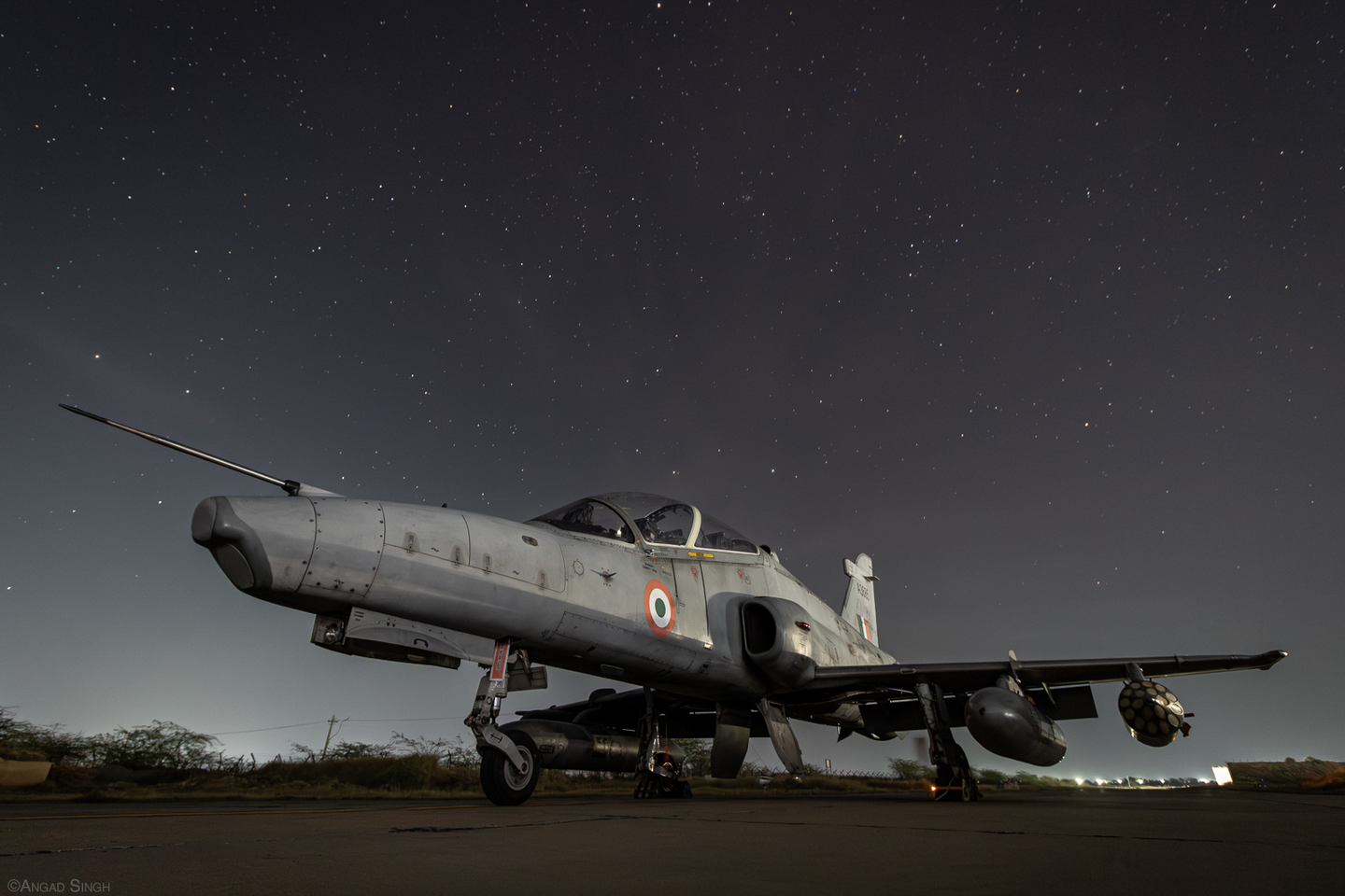 A Hawk Mk 132 with unloaded 68mm SNEB rocket pods parked for the night. <em>Angad Singh</em>