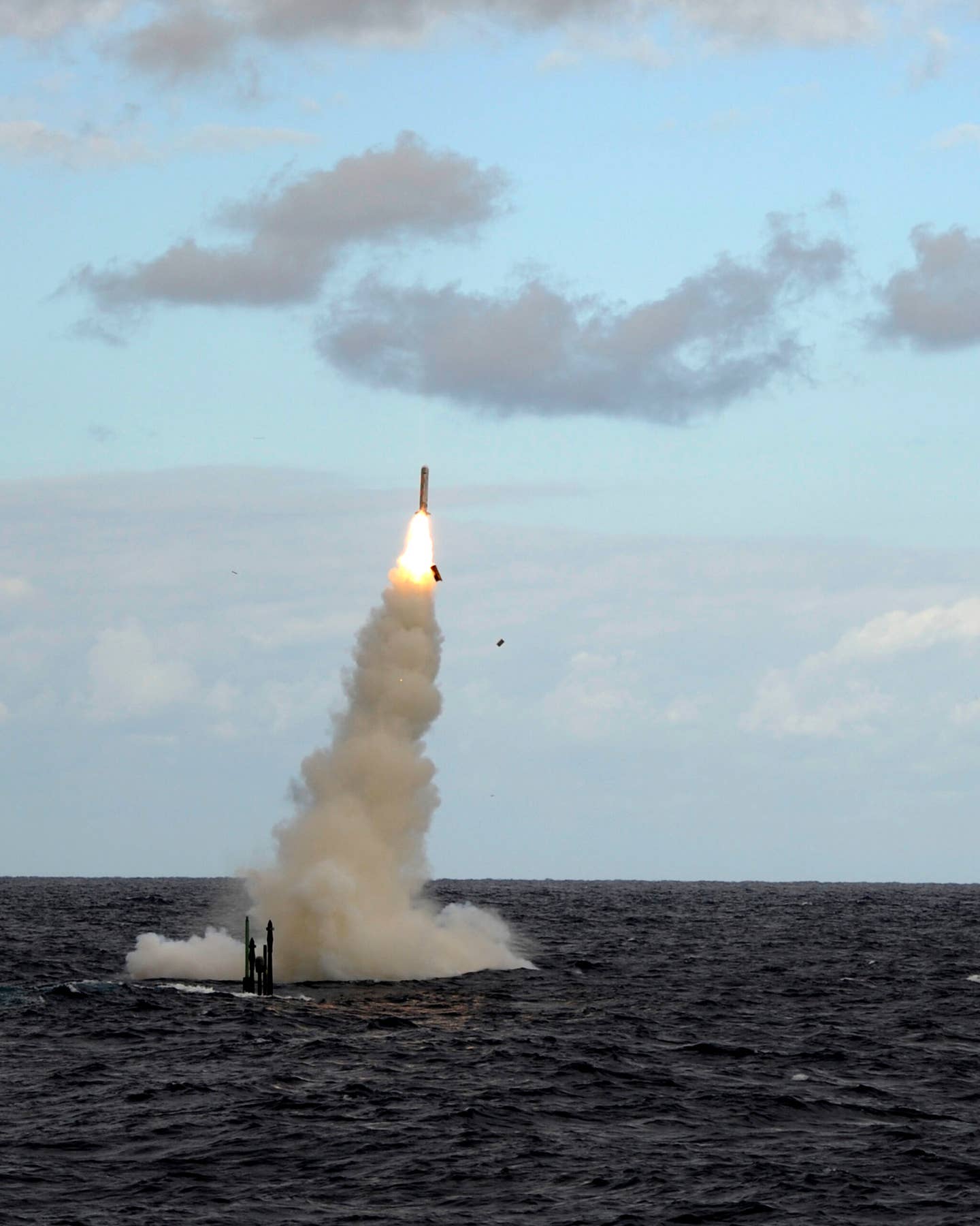 The U.K. Royal Navy attack submarine HMS <em>Astute</em> fires a Tomahawk cruise missile during a testing mission off the U.S. coast. <em>Crown Copyright</em>