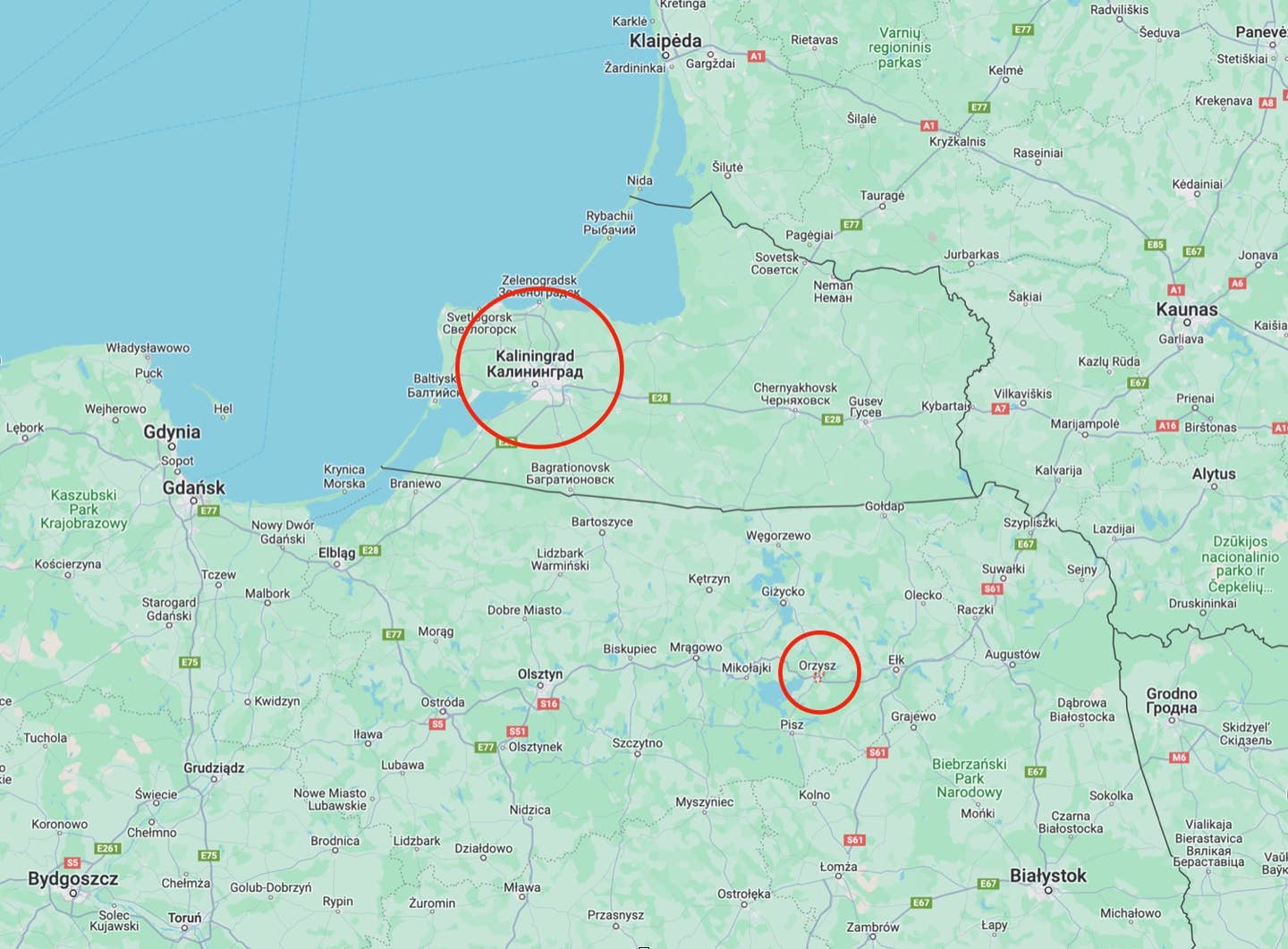 Kaliningrad seen in relation to Orzysz in Poland. <em>Google Maps</em>