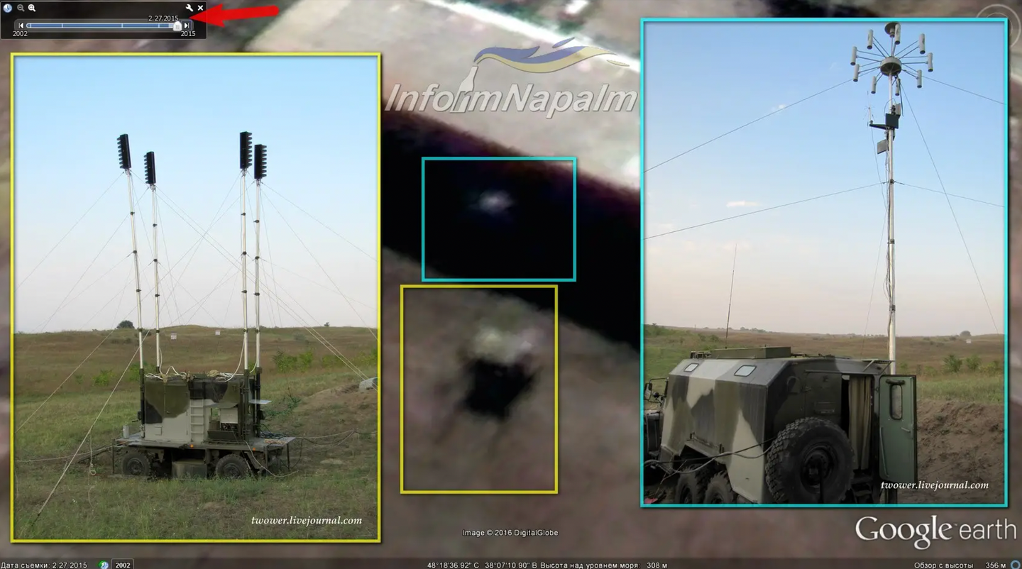 The Russian Army’s R-330Zh Zhitel electronic warfare system is deployed by the force with its EW companies. This multipurpose EW system can attack an array of targets including satellite communications signals. <em>InformNapalm/Google Earth</em>