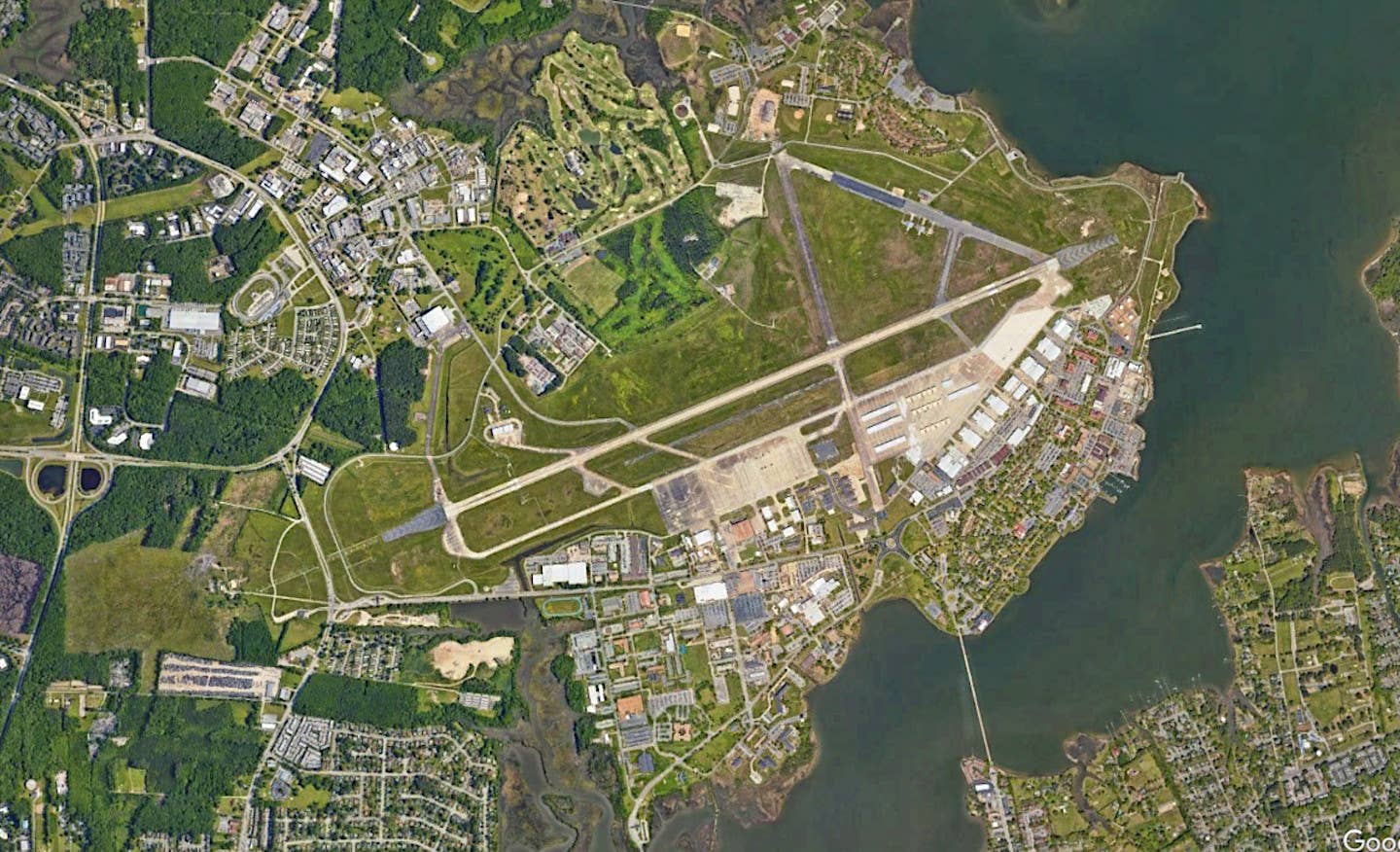 A satellite image of Langley Air Force Base. <em>Google Earth</em>