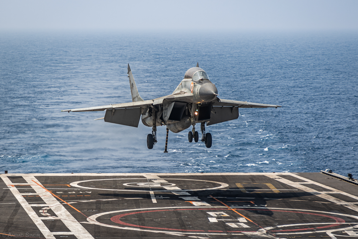 A MiG-29K approaches the flight deck of INS <em>Vikramaditya</em> on its way to a perfect middle-wire trap. <em>Angad Singh</em>