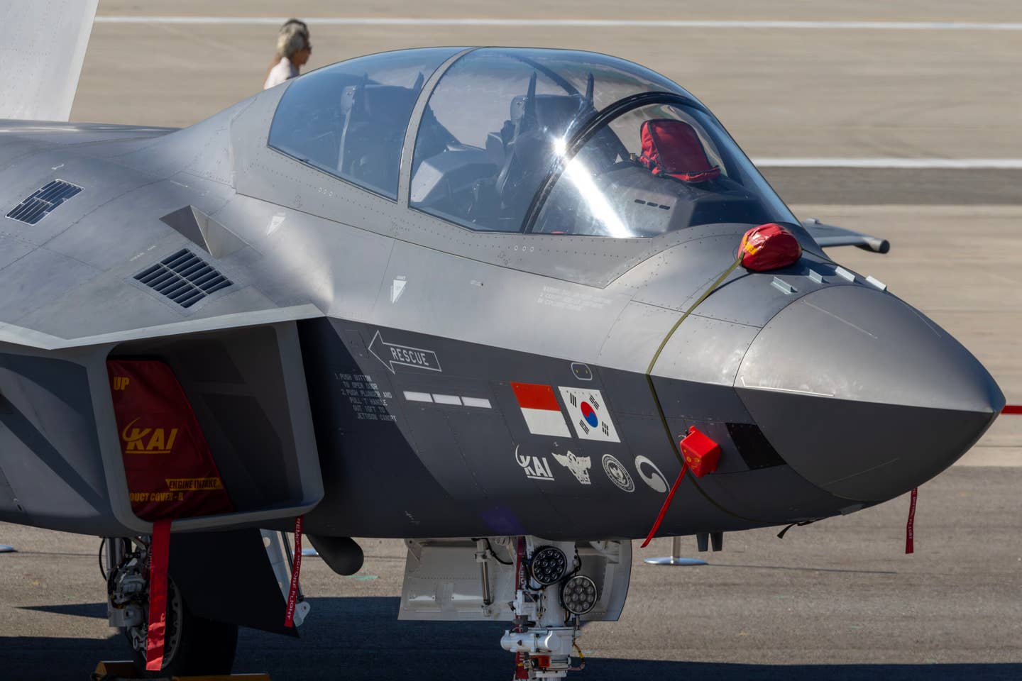 A two-seat KF-21 fighter, the sixth prototype, on display during the Seoul International Aerospace and Defense Exhibition (ADEX) in Seongnam, South Korea, on October 17, 2023. <em>Photo by Zhang Hui/VCG via Getty Images</em>
