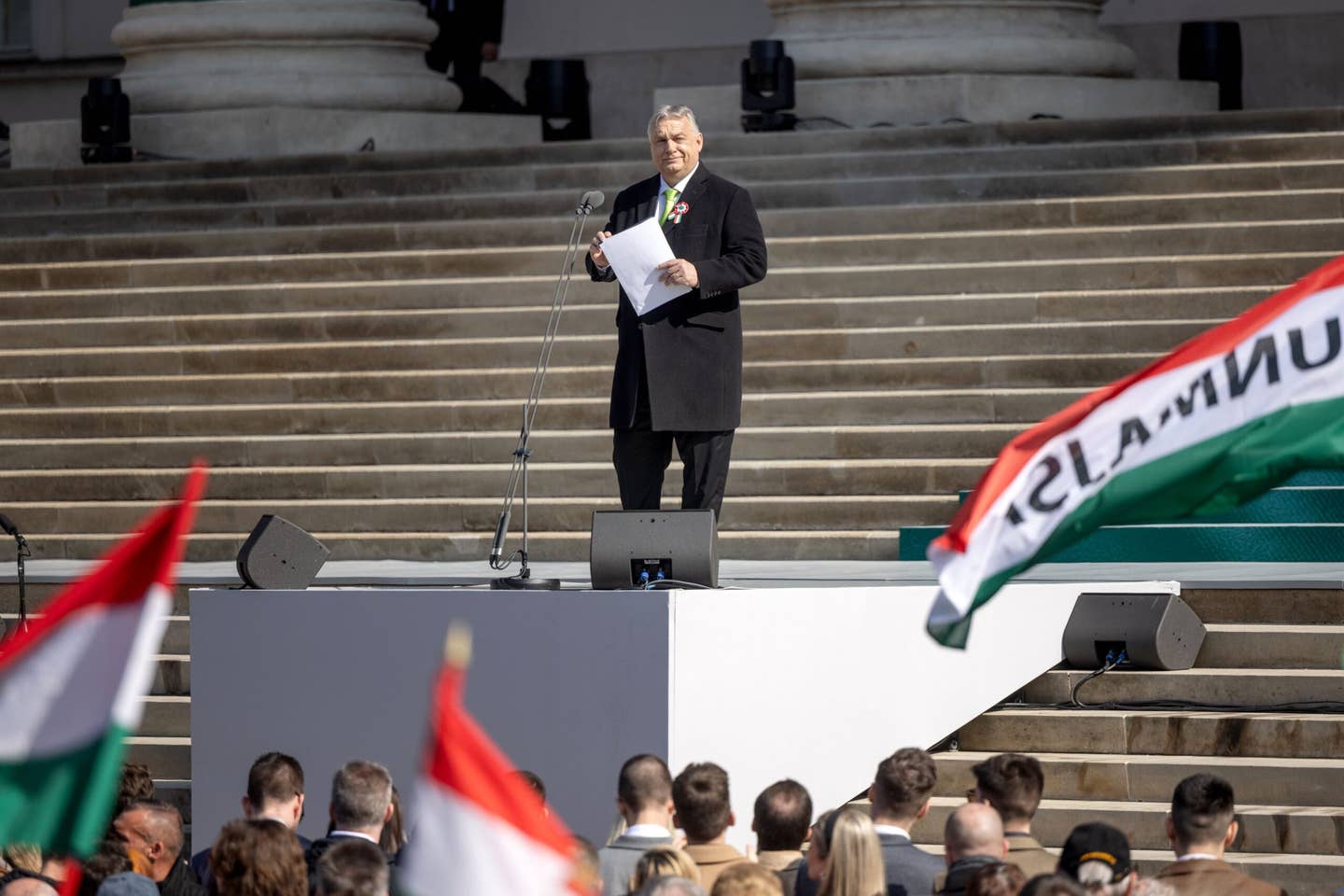 Hungarian Prime Minister Viktor Orban delivers his speech at the occasion of Hungary's Revolution and Independence Day outside the Hungarian National Museum on March 15, 2024, in Budapest, Hungary. <em>Photo by Janos Kummer/Getty Images</em>