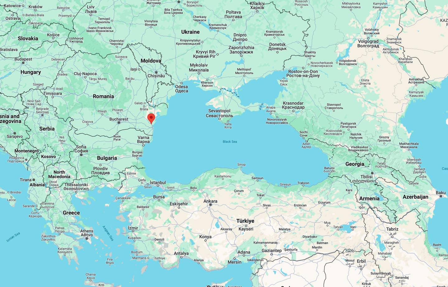 Location of Mihail Kogălniceanu Air Base seen in relation to the Black Sea. <em>Google Maps</em>
