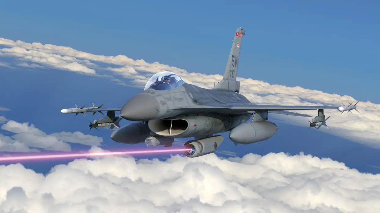 A rendering of a US Air Force F-16C Viper fighter with a podded laser directed energy weapon. <em>Lockheed Martin</em>