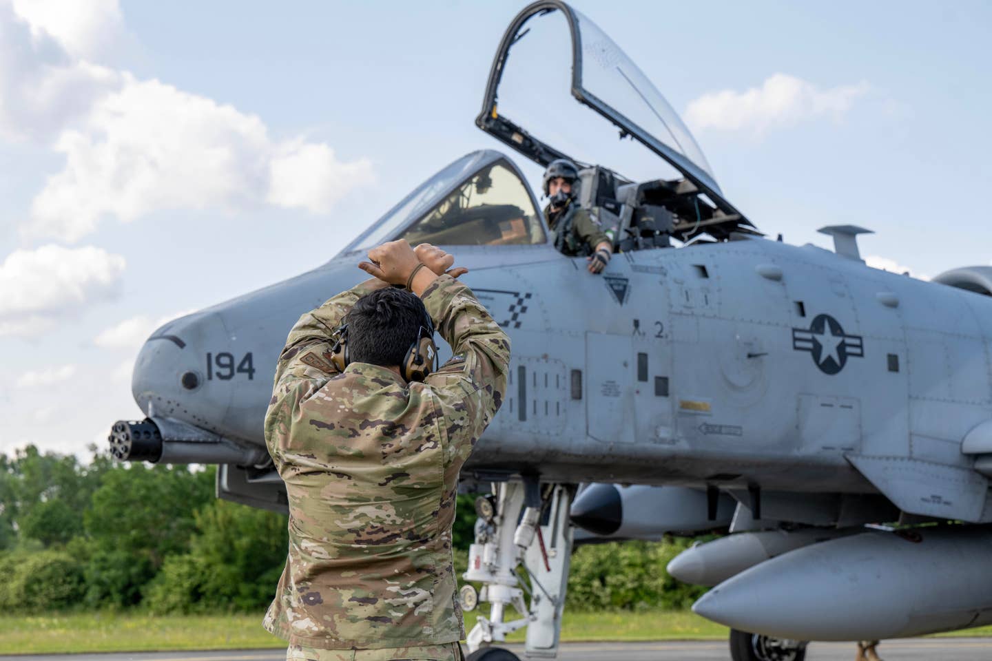 A U.S. Air Force pilot assigned to the 190th Fighter Squadron, 124th Fighter Wing, Idaho National Guard, taxis his A-10C onto Lechfeld Air Base, Germany in preparation for Exercise Air Defender 2023, June 6, 2023. <em>U.S. Air National Guard photo by Staff Sgt. Joseph R. Morgan</em>