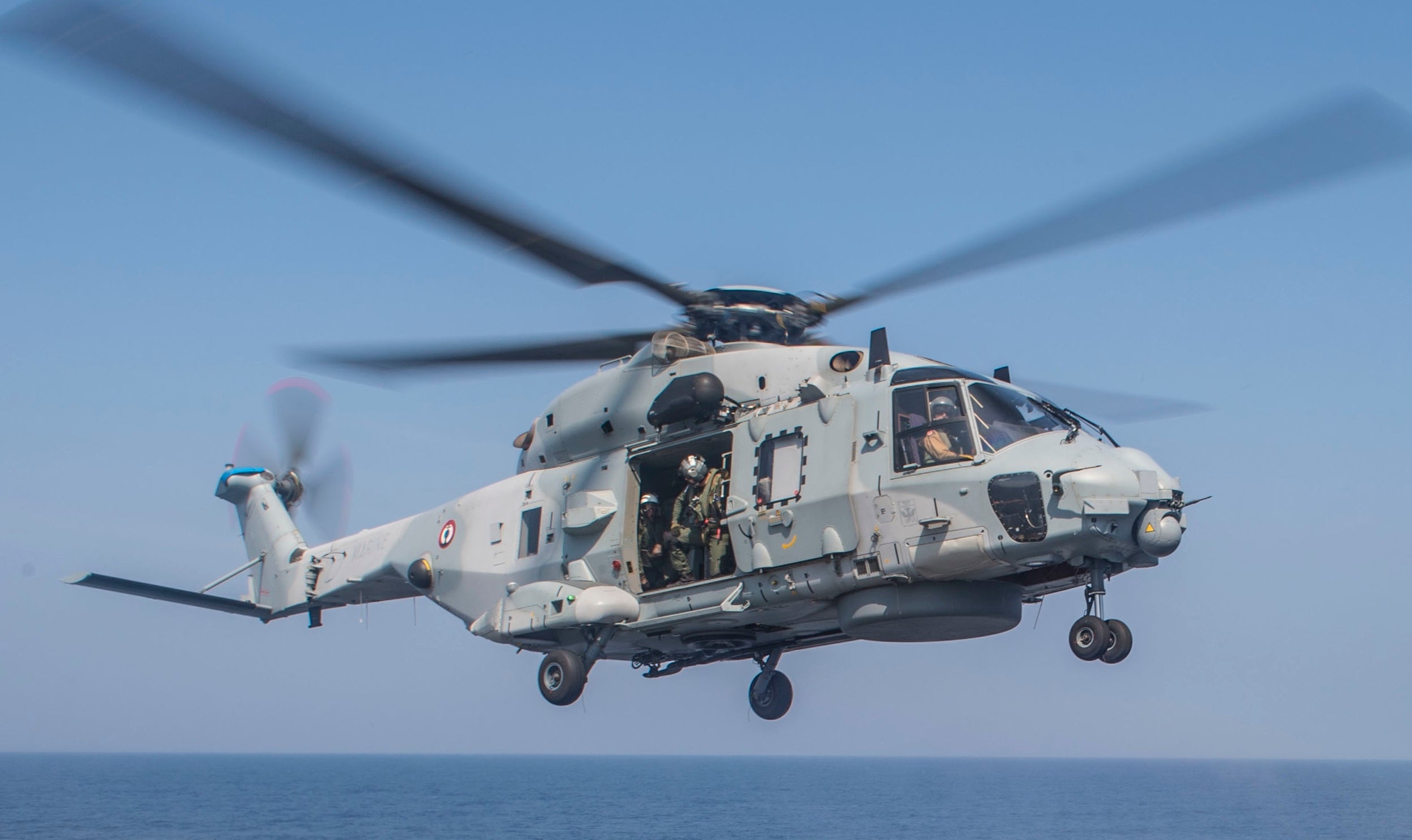 160210-N-ZZ786-091 BAY OF BENGAL (Feb. 10, 2016) A NH-90 helicopter assigned to the French Navy Aquitaine-class frigate Provence (D652) lands on the flight deck of the Ticonderoga-class guided-missile cruiser USS Antietam (CG 54) during a bilateral exercise. Antietam, forward deployed to Yokosuka, Japan, is on patrol in the 7th Fleet area of operations in support of security and stability in the Indo-Asia-Pacific. (U.S. Navy photo by Mass Communication Specialist 3rd Class David Flewellyn/Released)