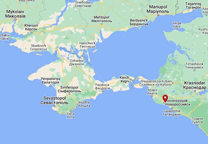 A map showing the general location of the Port of Novorossiysk, where the submarine decoy is located, in relation to other areas in the northeastern end of the Black Sea, including Crimea to the immediate West. <em>Google Maps</em>