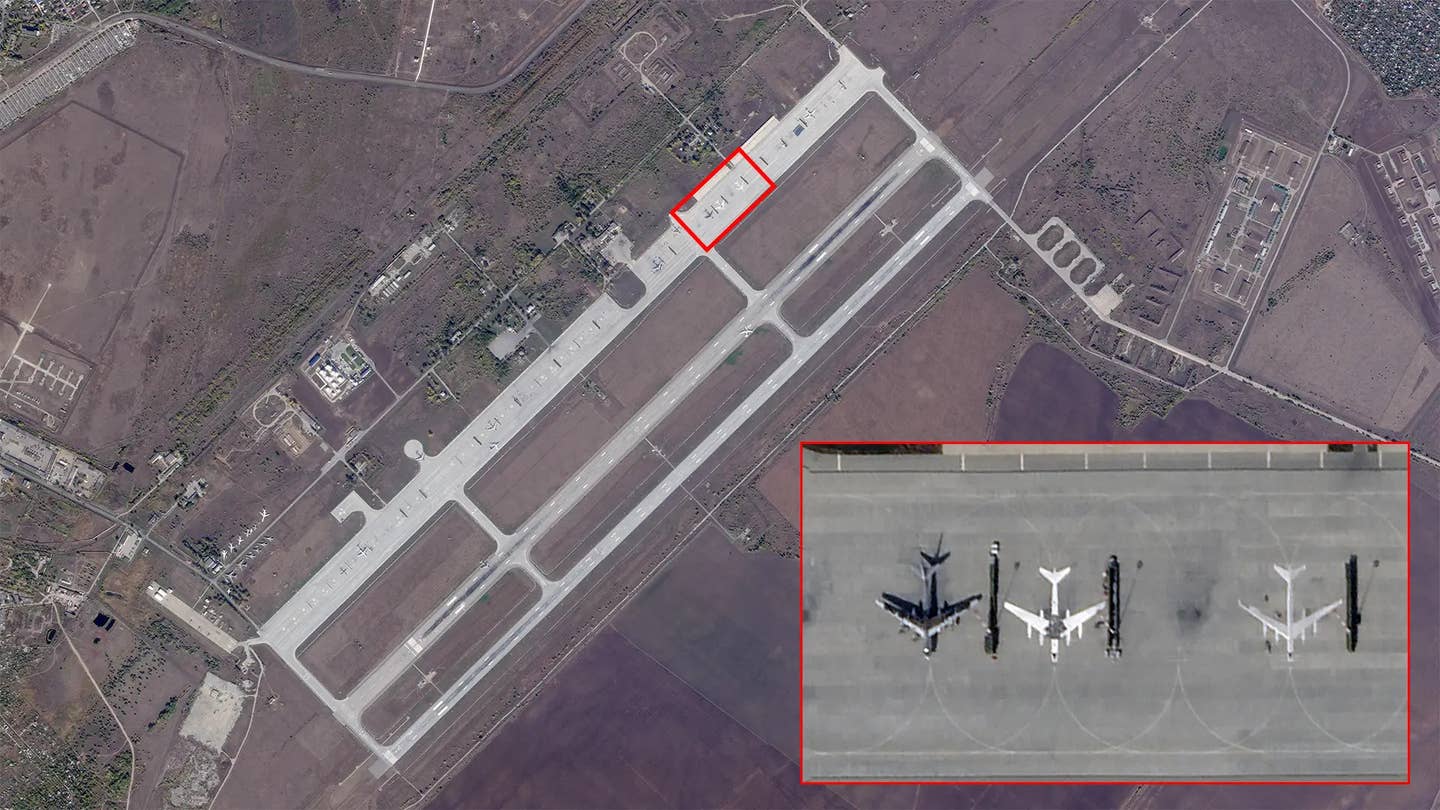 A composite satellite image showing Tu-95 bomber silhouettes painted on the tarmac at Russia's Engels Air Base in September 2023. <em>PHOTO © 2023 PLANET LABS INC. ALL RIGHTS RESERVED. REPRINTED BY PERMISSION </em>