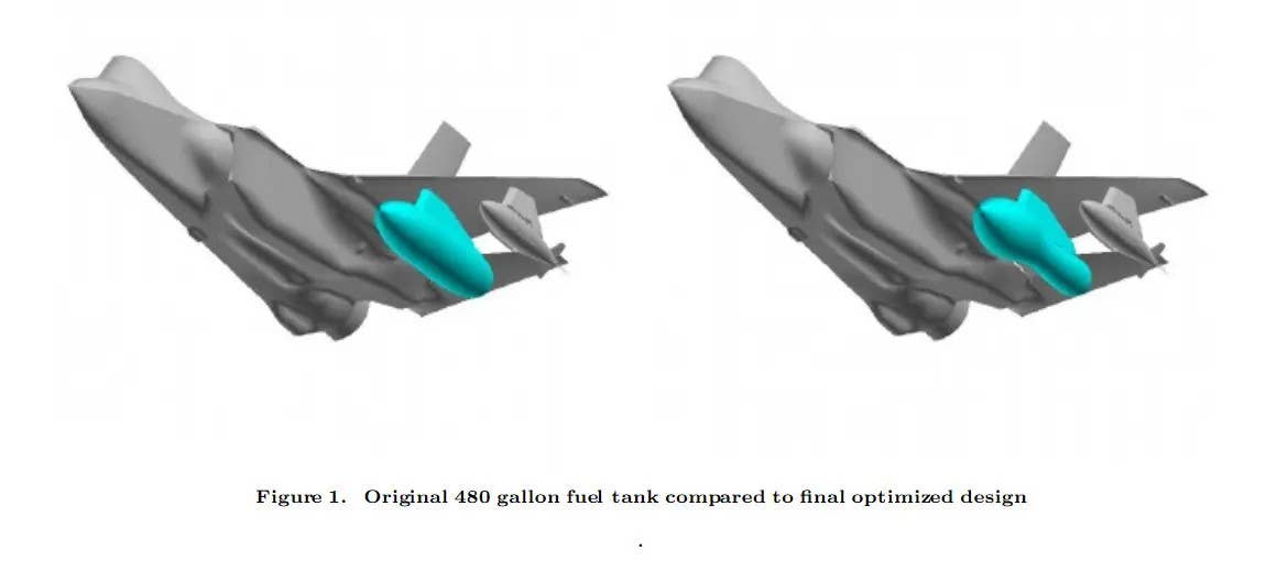 Renderings of an early 480-gallon drop tank design for the F-35, at left, and the 460-gallon design that Lockheed Martin had originally planned to certify on the Joint Strike Fighter at right. <em>AIAA</em>