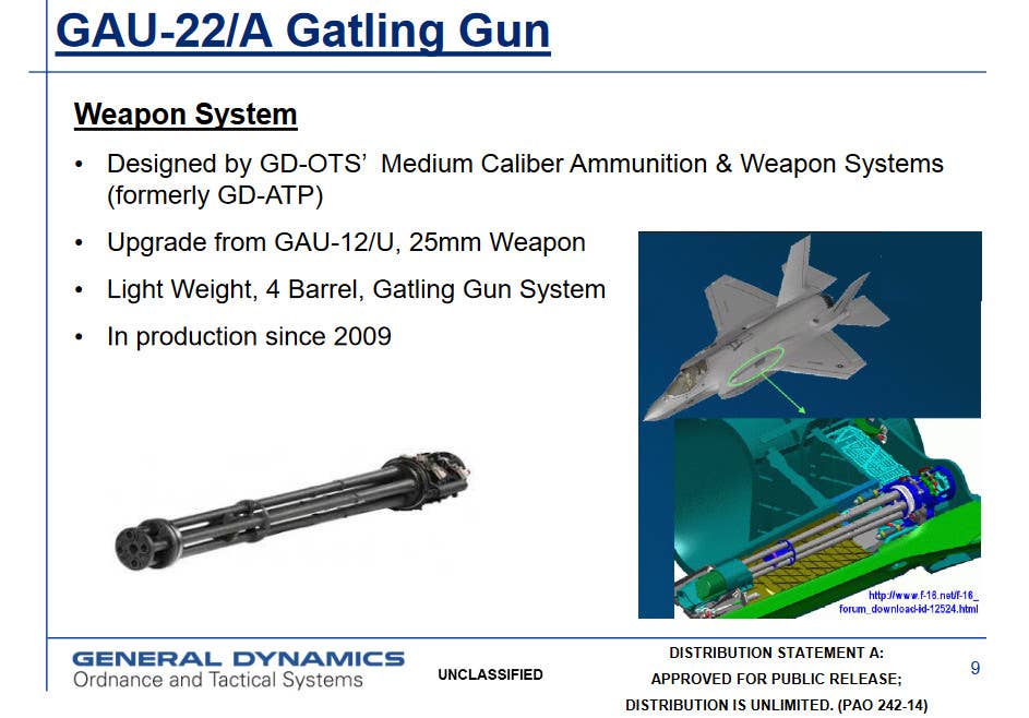 A 2014 briefing slide with details about the GAU-22/A and diagram showing how it is installed on the F-35A. <em>General Dynamics Ordnance and Tactical Systems</em>