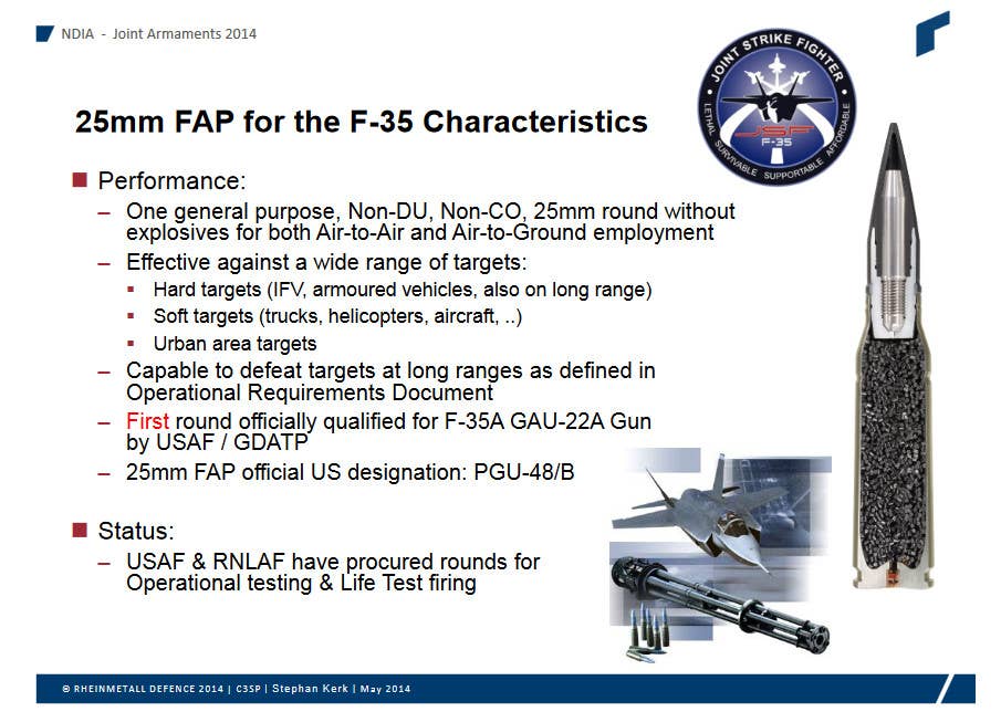A 2014 briefing slide providing a general overview of the PGU-48/B and showing a cutaway of one of the cartridges. <em>Rheinmetall</em>