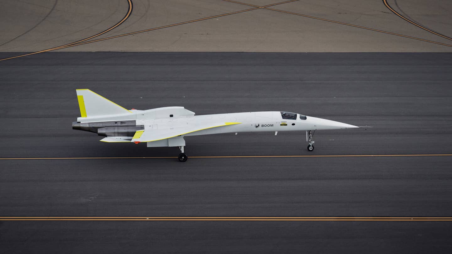 XB-1 on the tarmac at the Mojave Air &amp; Space Port. <em>Boom</em>