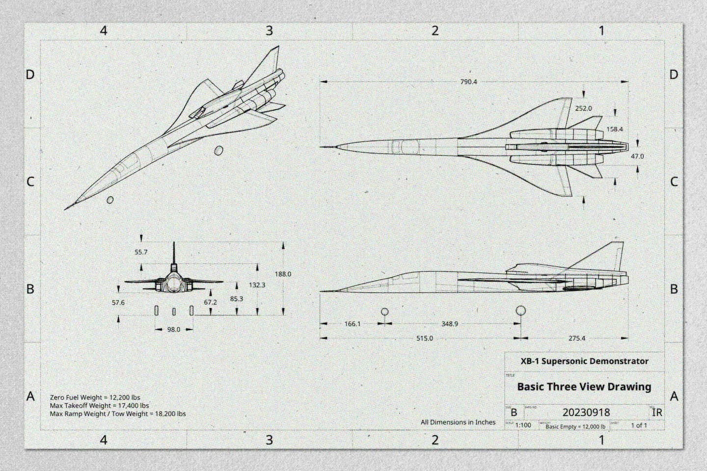Schematics for XB-1. The caption reads, "XB-1 is 62.6 feet long with a wingspan of 21 feet." <em>Boom</em>