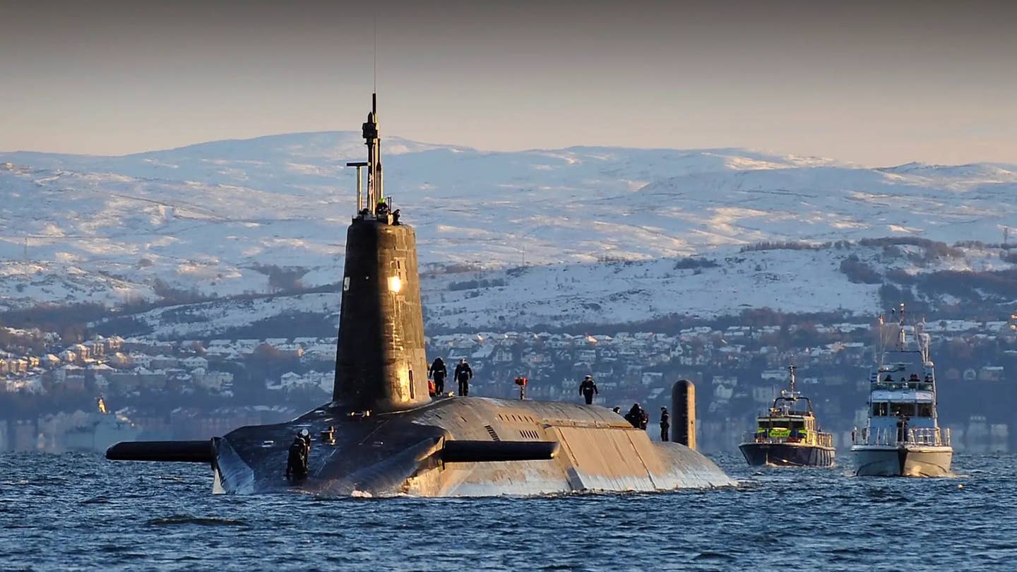 The Royal Navy's <em>Vanguard</em> class submarines are the United Kingdom's current launch platform Trident II nuclear-tipped submarine-launched ballistic missiles. These boats are set to be replaced by examples of the new <em>Dreadnought</em> class starting in the early 2030s. Crown Copyright