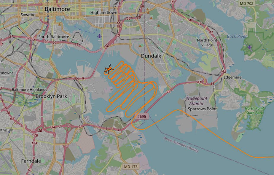 Flight tracking data showing the search pattern of the USCG's MH-65 from earlier today. <em>ADS-B Exchange</em>