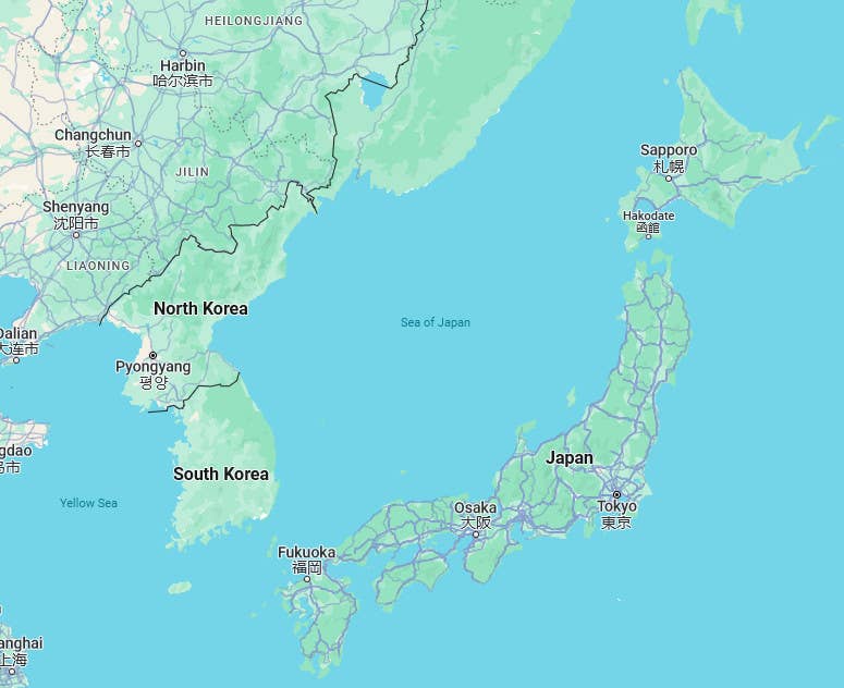 A map showing the general area around the Sea of Japan. China's lack of direct access to this body of water is visible, with North Korea and Russia to its north sharing the coastline. <em>Google Maps</em>