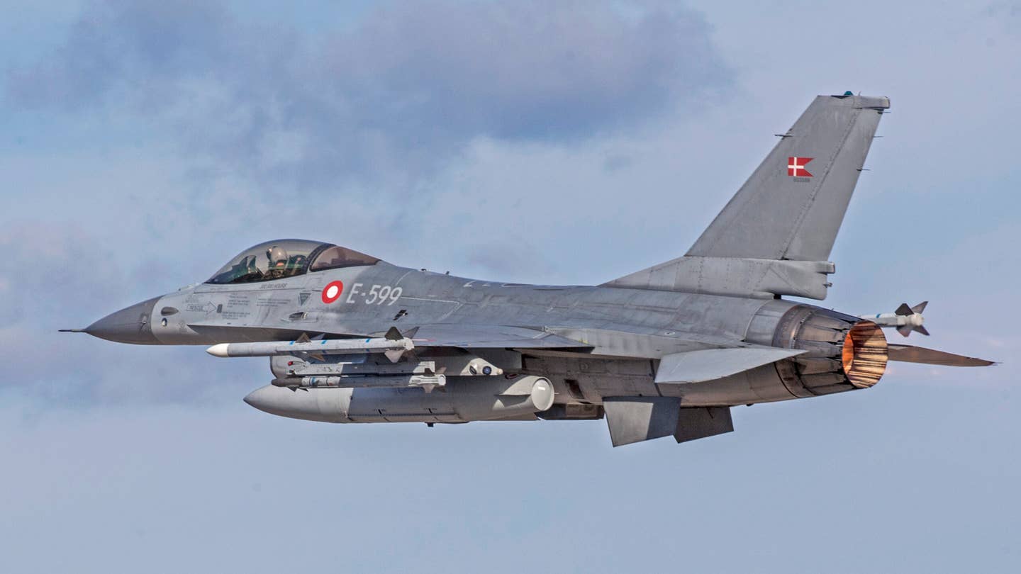 Danish Air Force F-16 takes off in Monte Real Air Force Base during Real Thaw 2018 exercise on February 06, 2018 in Monte Real, Portugal. Real Thaw 2018 (RT18) is a Portuguese Air Force led live-fly exercise to evaluate and certify their operational capability being conducted at Monte Real Air Force from January 29 to February 09. The tenth edition of RT18 features 35 aircraft and 1500 personnel from the Portuguese Air Force, Army and Navy and military forces from Denmark, France, Netherlands, Spain, the United States of America and NATO.