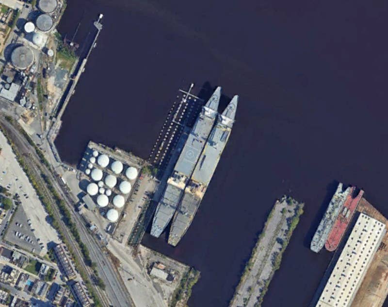 A satellite image taken in September 2023 showing the SS <em>Antares</em> and SS <em>Denebola</em> in port in Baltimore. The ships are both currently at this same spot. <em>Google Earth</em>