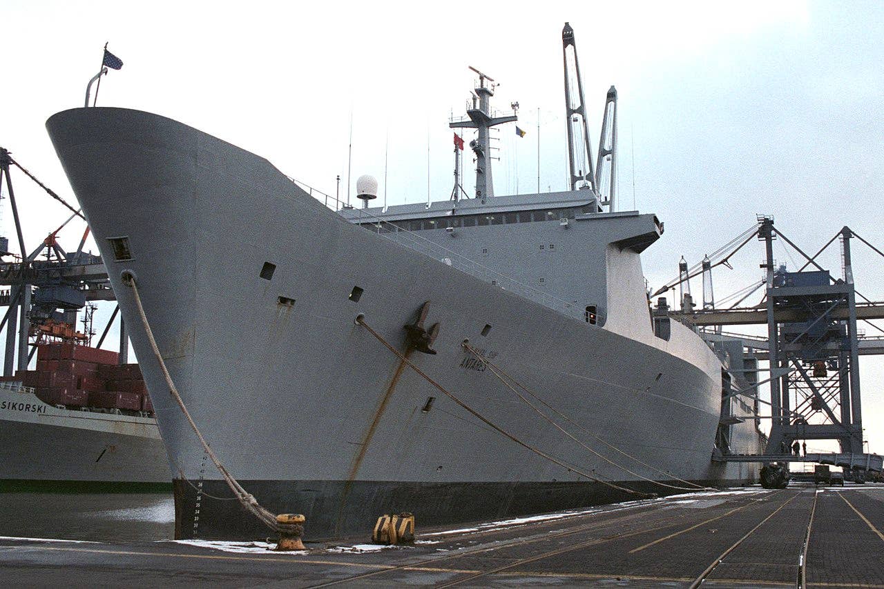 The USNS Antares in port in Bremerhaven in what was then West Germany in 1986. <em>DOD</em>