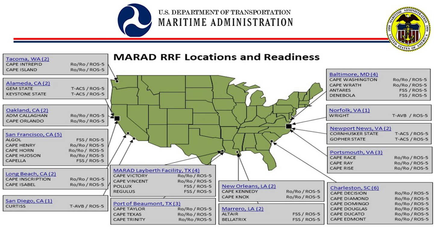 An overview of where RRF ships are homeported and their operating statuses as of October 2021. <em>MARAD</em>
