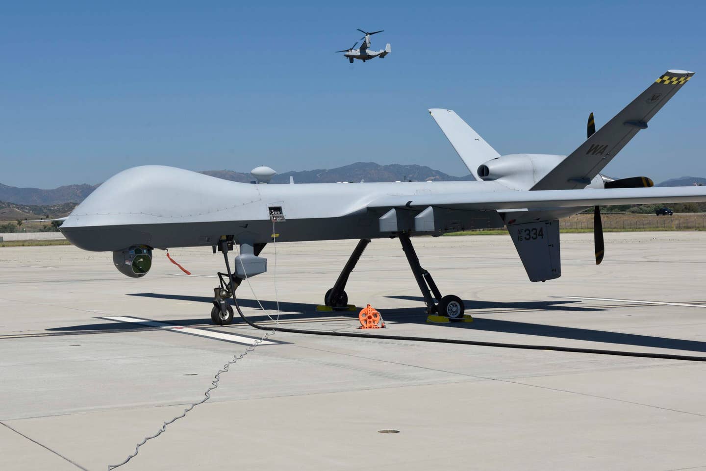 An MQ-9 Reaper remotely piloted aircraft prepares to take off from Marine Corps Base Camp Pendleton, Calif., Aug. 23, 2023. The MQ-9 Reaper remotely piloted aircraft was prepping to take off from Marine Corps Base Camp Pendleton, Calif., for the first time during the Agile Hunter exercise. (U.S. Air Force photo by Airman 1st Class Victoria Nuzzi)