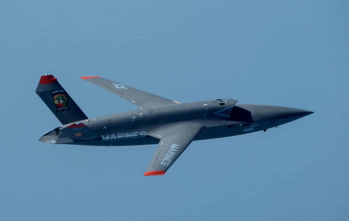 A U.S. Marine Corps XQ-58A Valkyrie, a highly autonomous, low-cost tactical unmanned air vehicle, soars overhead during its first test flight at Eglin Air Force Base, Fla., Oct. 3, 2023. (USAF)