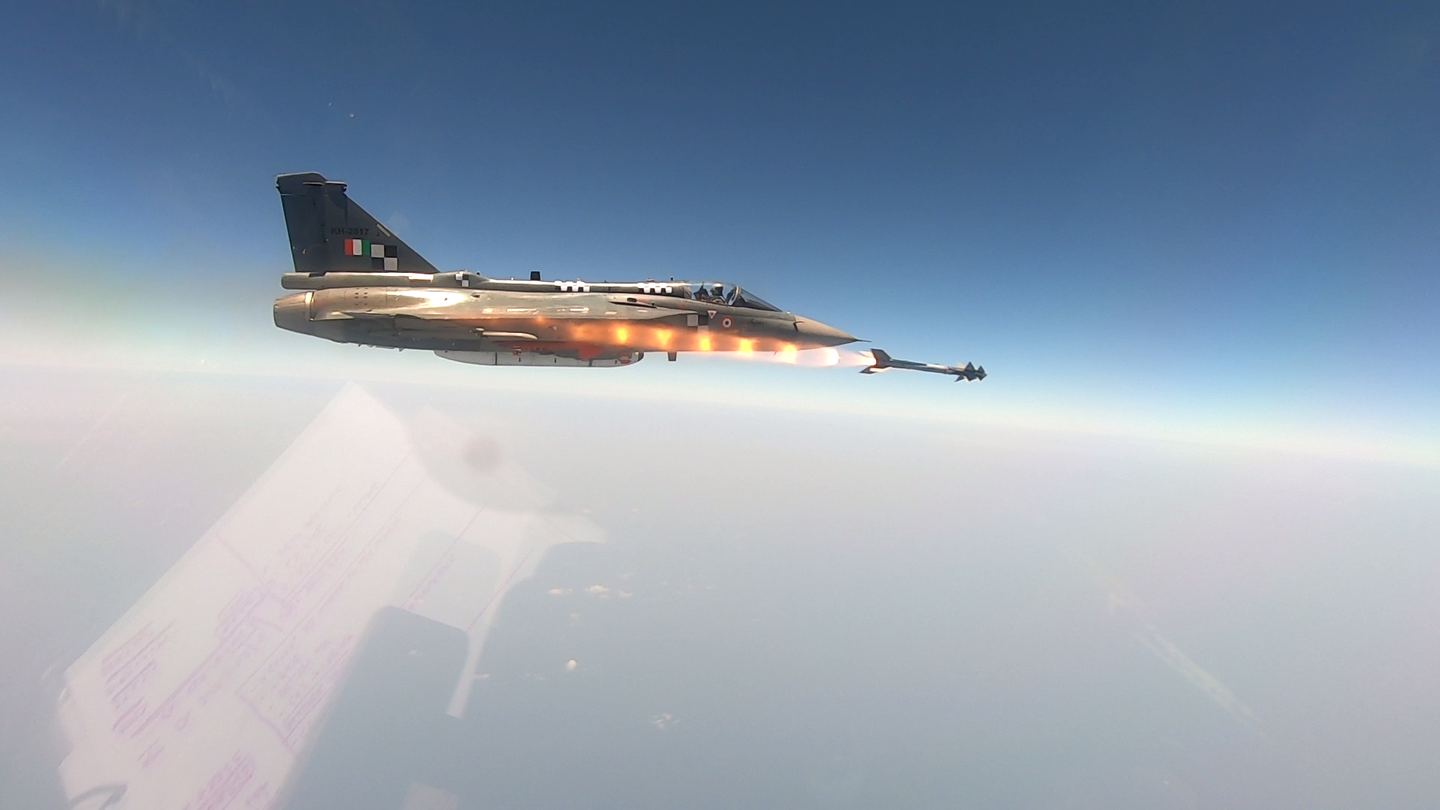 The seventh Limited Series Production Tejas (LSP7) firing a Rafale Python 5 air-to-air missile during tests. <em>Indian Ministry of Defense</em>