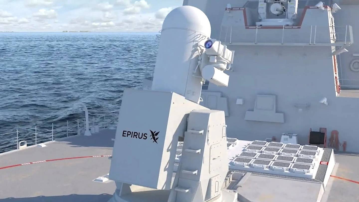 En navalisert versjon av Epirus 'Leonidas høykraft mikrobølgeovn rettet energivåpen, et system som har blitt foreslått for den amerikanske marinen tidligere.