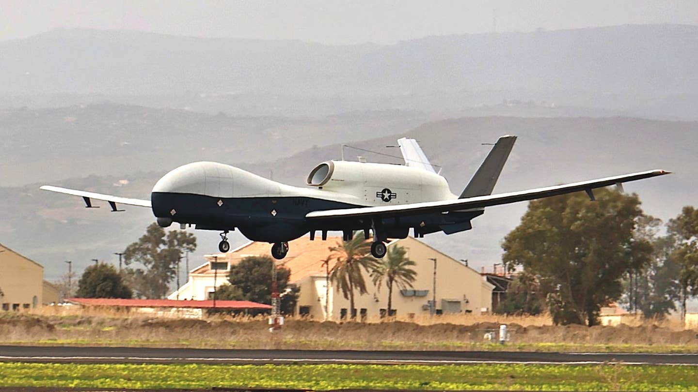 A Navy MQ-4C Triton drone arrives at NAS Sigonella in Italy on March 30, 2024. <em>USN</em>