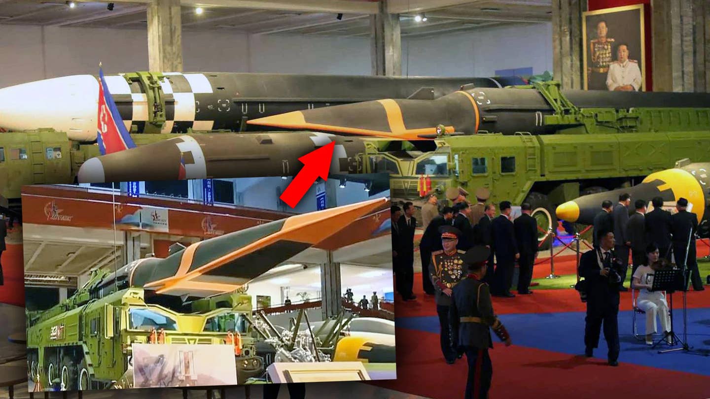 A composite image showing a Hwasong-8, or a mock-up thereof, on display at an exhibition in Pyongyang in 2021. <em>North Korean State Media</em>