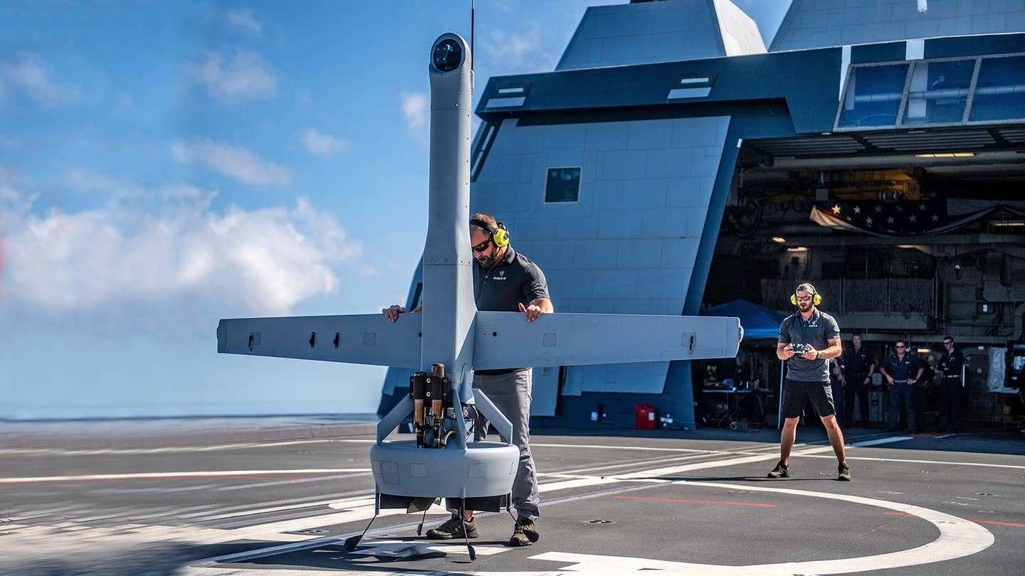 A V-BAT is prepared for flight onboard guided-missile destroyer USS <em>Michael Monsoor</em> (DDG-1001) during Rim of the Pacific (RIMPAC) 2022. <em>U.S. Navy photo</em>