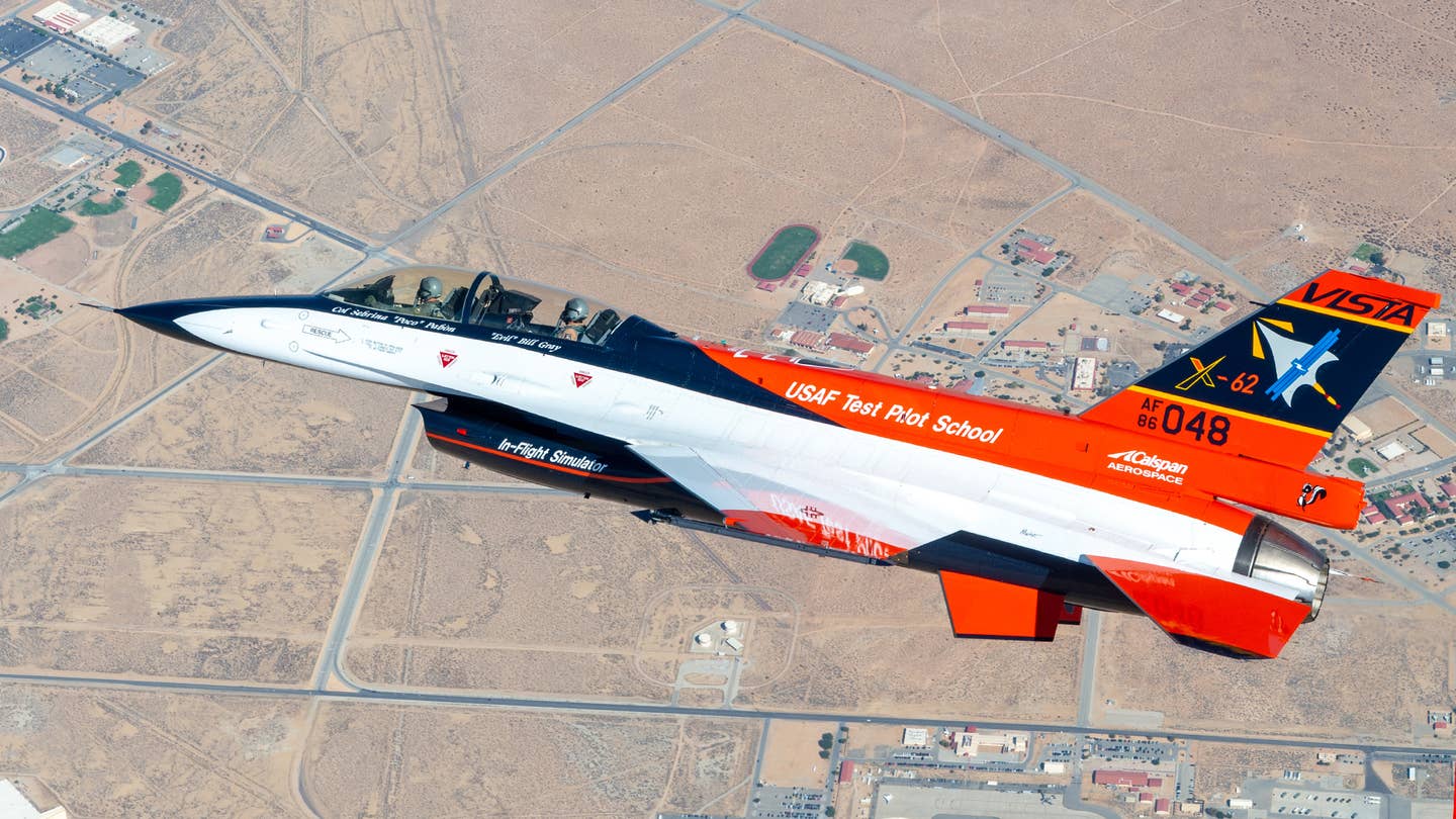 The X-62A Variable In-flight Simulator Aircraft (VISTA) flies over Edwards Air Force Base, California. <em>U.S. Air Force photo</em>