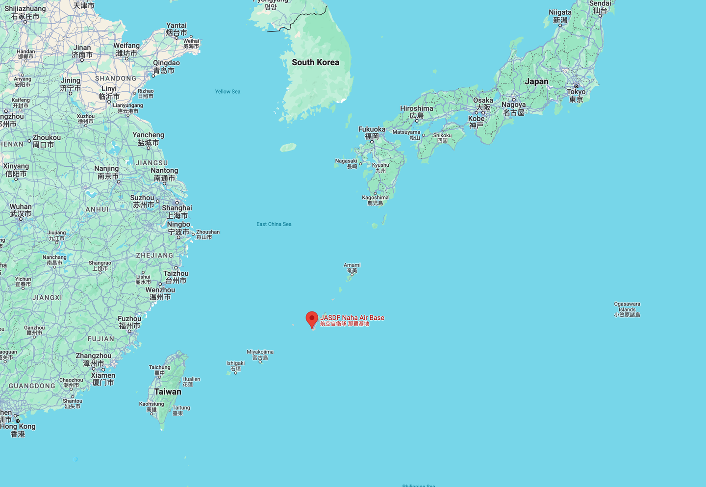 Naha Air Base marked in relation to Taiwan, mainland China, South Korea, and mainland Japan. <em>Google Maps</em>