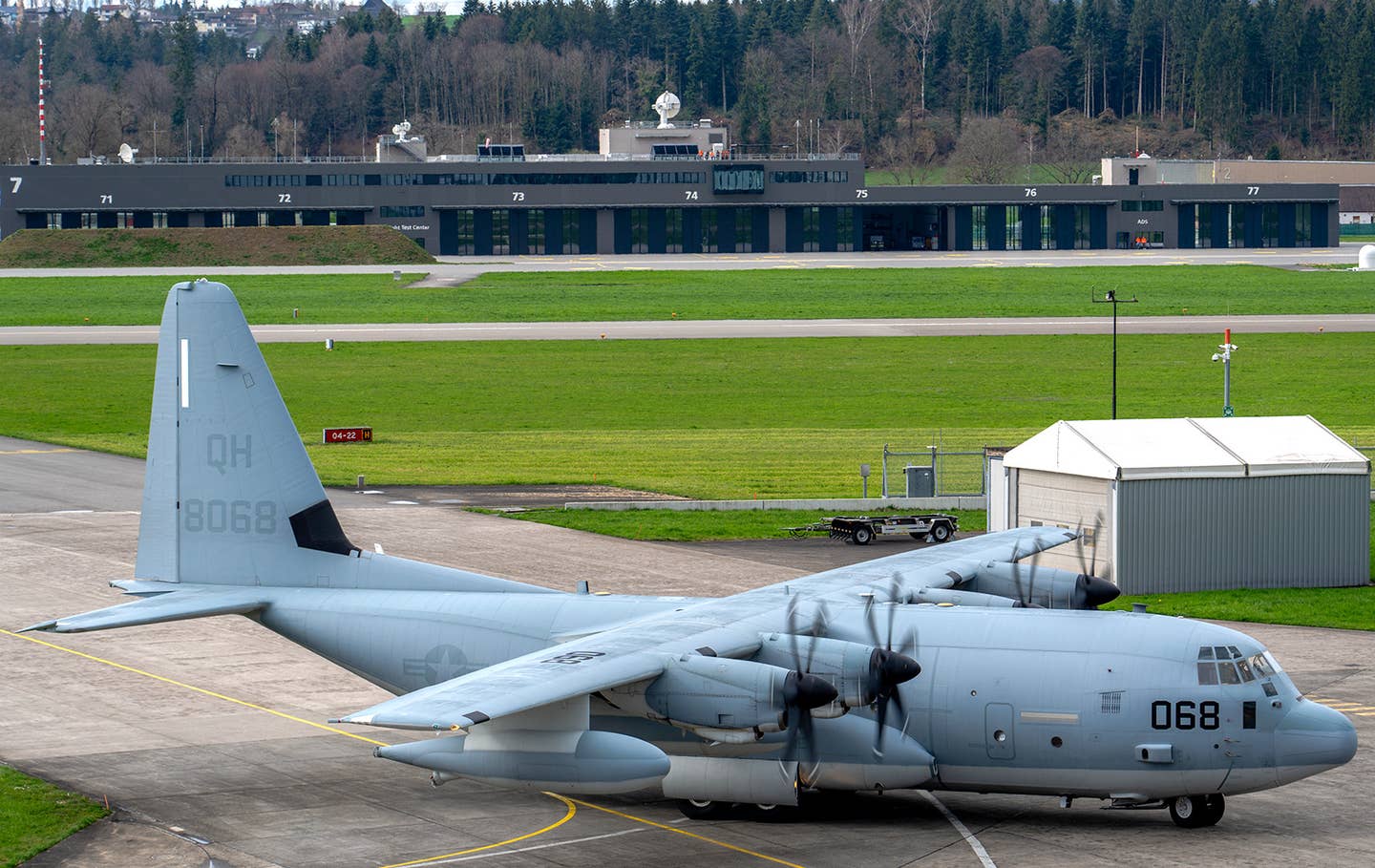 The US Marine Corps KC-130J Hercules at Emmen Air Base in Switzerland to collect the F-5E in March. <em>Nicolas Monsch/Swiss Federal Office for Defense Procurement</em>