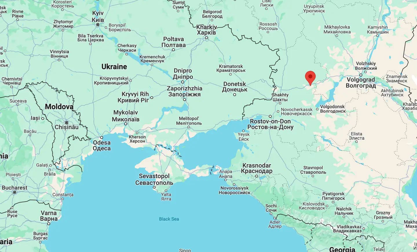 Location of the airfield in relation to Ukraine and the Black Sea.&nbsp;<em>Google Maps</em>